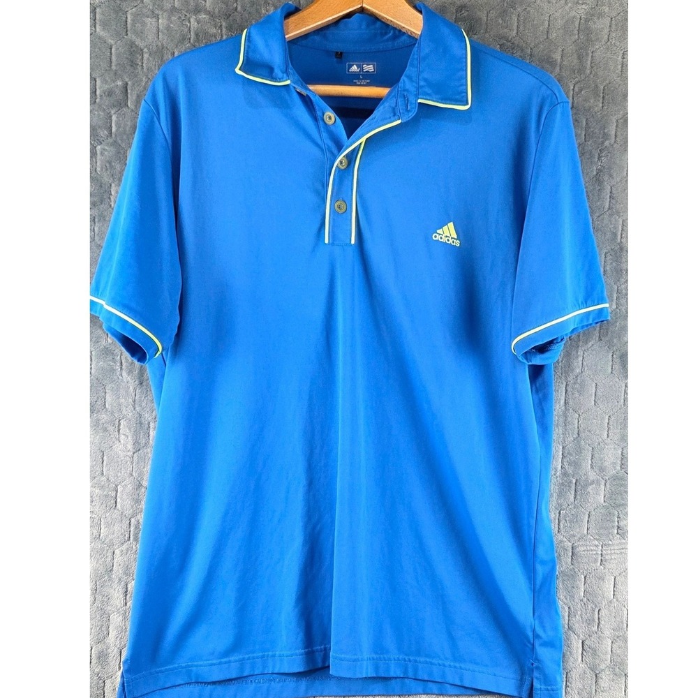 Adidas Golf Mens Blue Polo Shirt Large Short Sleeve Performance Lime‎ Trim